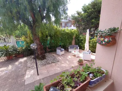 a patio with plants and a tree and a umbrella at Casa Berta in Mondello