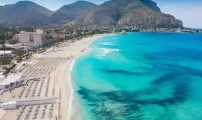 an aerial view of a beach and the ocean at Casa Berta in Mondello