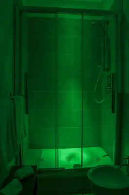 a green bathroom with a shower and a sink at Due Passi in Palermo