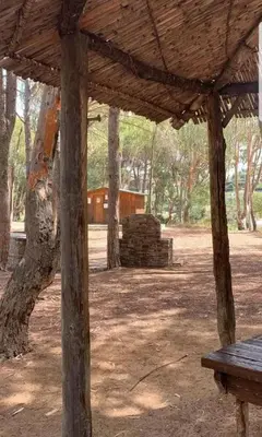 a wooden pavilion with a building and a tree at Spacious Apartment in Balestrate 70 m² with Balcony in Balestrate