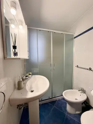 a bathroom with a shower and a sink and a toilet at Gigi's Apartment in Palermo