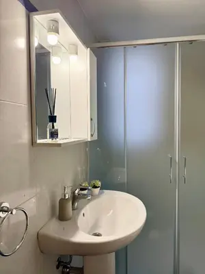 a bathroom with a sink and a shower at Gigi's Apartment in Palermo