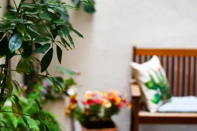 a bench with a bunch of flowers and a plant at Palazzo Carella in Palermo