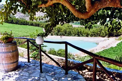 a table next to a barrel next to a pool at Agriturismo Tenute Pispisa Segesta in Calatafimi