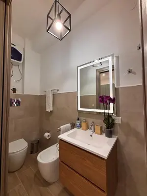 a bathroom with a sink and a toilet and a mirror at Garzilli Cozy Apartment in Palermo