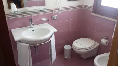 a pink bathroom with a sink and a toilet at Dolce Siesta in Castelluzzo