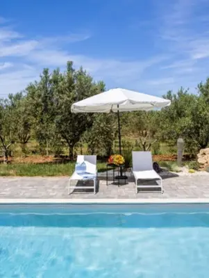 a swimming pool with two white chairs next to it at Villa Degli Ulivi in Partinico