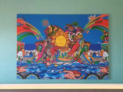 a painting of a city with a rainbow at Apartment Pirandello by Interhome in Balestrate