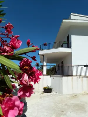 a white house with pink flowers in front of it at Holiday home 8 guests Granatelli in Altavilla Milicia