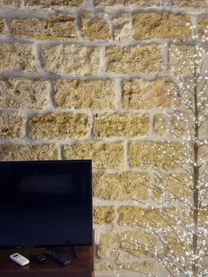 a stone wall with a television and remote controls at Casa Faidda in Palermo