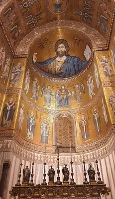 a painting of a statue on the ceiling of a building at Casa Sarina in Monreale