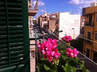 a group of pink flowers on a balcony at Appartamento Cantieri-Porto,Palermo in Palermo