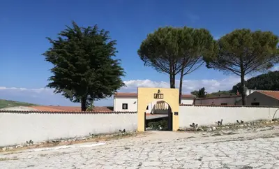 a white wall with a gate and trees in the background at Casale di Riena in Lercara Friddi