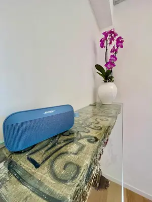 a table with a speaker and a vase with purple flowers at Bella Kalsa in Palermo