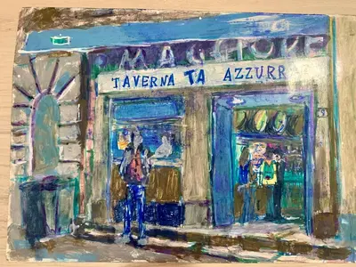 a painting of a man in front of a building at Vucciria Holiday - Centro storico - via Emanuele in Palermo