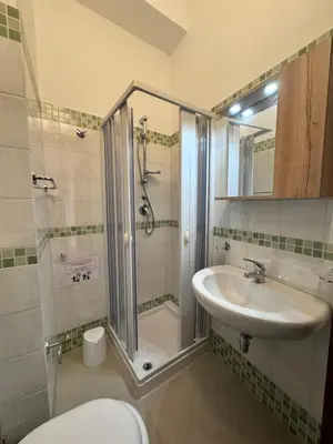 a bathroom with a shower and a sink and a toilet at Terrasini downtown City Life in Terrasini
