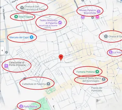 a map showing the locations of the events in a city at Maison Cattedrale - Proppro SRL - Palermo in Palermo