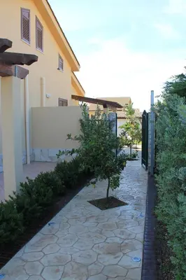 a small tree sitting on a sidewalk next to a building at Ville Tiffany in Campofelice di Roccella