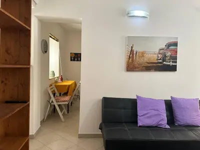 a living room with a black couch with purple pillows at Soraya House Next quattrocanti in Palermo