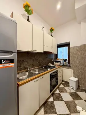 a kitchen with a sink and a refrigerator at La Rosa Bianca della Vucciria in Palermo