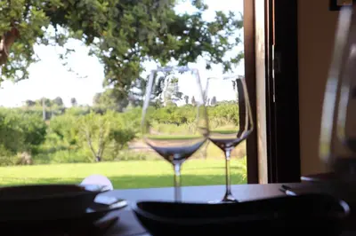 two wine glasses sitting on a table in front of a window at Casale Morillo in Campofelice di Roccella