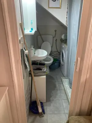 a bathroom with a toilet and a sink and a mop at Casteldaccia Stay, mieszkanko Kingi in Casteldaccia
