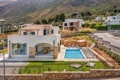 an aerial view of a house with a swimming pool at Villa Hemèra Luxury By Sicily Home Solutions in Castellammare del Golfo
