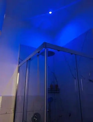a bathroom with a shower with a blue ceiling at Florio Suite Apartment in Palermo