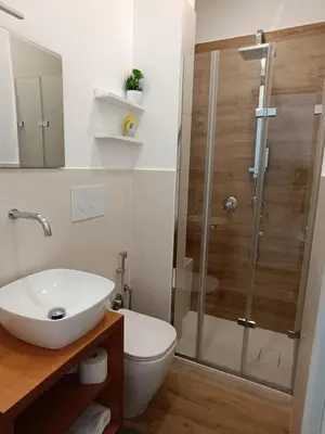 a bathroom with a shower and a toilet and a sink at Calderai 52 Apartments in Palermo
