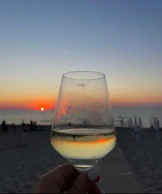 a person holding a glass of wine at the beach at La rosa dei venti in Isola delle Femmine