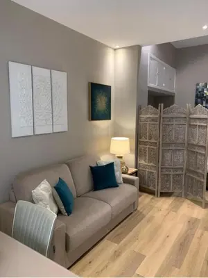 a living room with a gray couch and blue pillows at Sperlinga Suite in Palermo