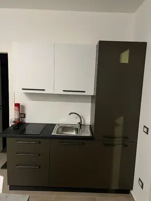 a kitchen with a sink and a black refrigerator at La Casetta di Sa Lu in Capaci