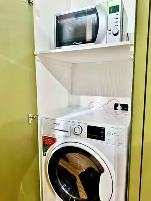 a microwave and a washing machine in a room at Plaza Suite in Palermo