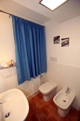 a bathroom with a sink and a toilet and a blue curtain at B&B Teatro in Palermo