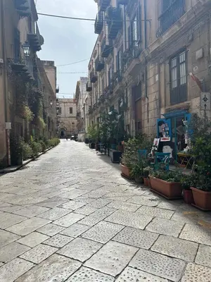 an empty street in an alley with plants at Tuppulia appartamenti in Palermo