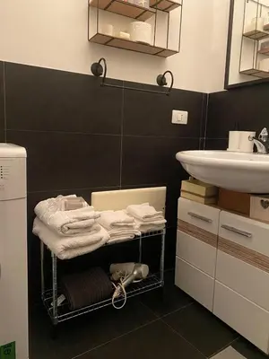 a bathroom with a sink and a shelf with towels at Cate Home historic center in Palermo