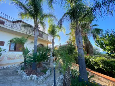 a house with palm trees in front of it at Villa Sunset in Campofelice di Roccella