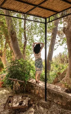 a little girl standing on a porch looking at trees at Casa Panoramica in Terrasini