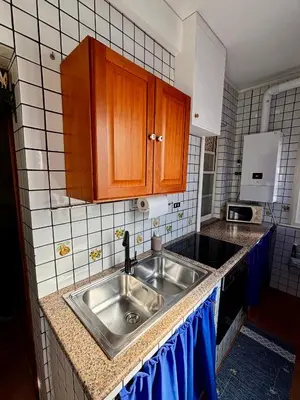 a kitchen with a stainless steel sink and wooden cabinets at Al49house in Palermo