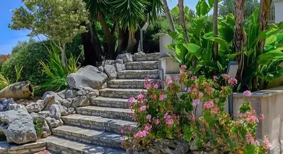a set of stone stairs in a garden with flowers at Villa Viola e Giulio in Scopello