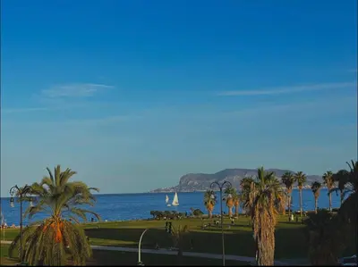 a view of the ocean with palm trees and a sail boat at Ausa 20 - Tra Storia e Mare in Palermo