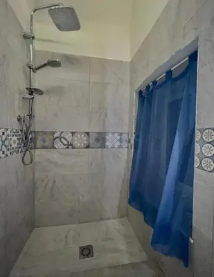 a bathroom with a shower with a blue shower curtain at Ausa 20 - Tra Storia e Mare in Palermo