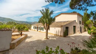 a house with a palm tree in front of a driveway at Casale Buccellato 14 by Massimo Villas in Castellammare del Golfo