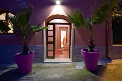 two large purple pots with palm trees in front of a door at Casa Vacanze Cappuccini in Castellammare del Golfo