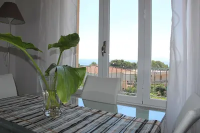a vase with a plant on a table with a window at Appartanvilla Magellano in Mondello