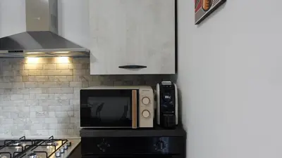 a microwave oven sitting on a counter in a kitchen at Stella di mare Acquamarine in Balestrate