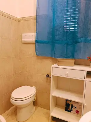 a bathroom with a toilet and a blue shower curtain at A Casa da Mammi in Palermo
