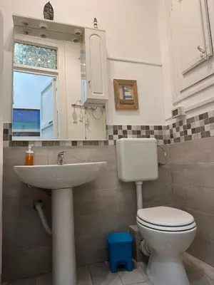 a bathroom with a toilet and a sink and a window at Via Zara Arararooms in Palermo