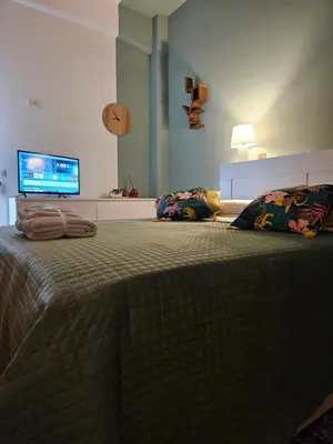 a bedroom with a bed with two pillows and a television at Oasi Ballarak in Palermo