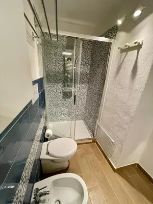 a bathroom with a toilet and a shower and a sink at Loft Al Baglio del Gelso in Balestrate